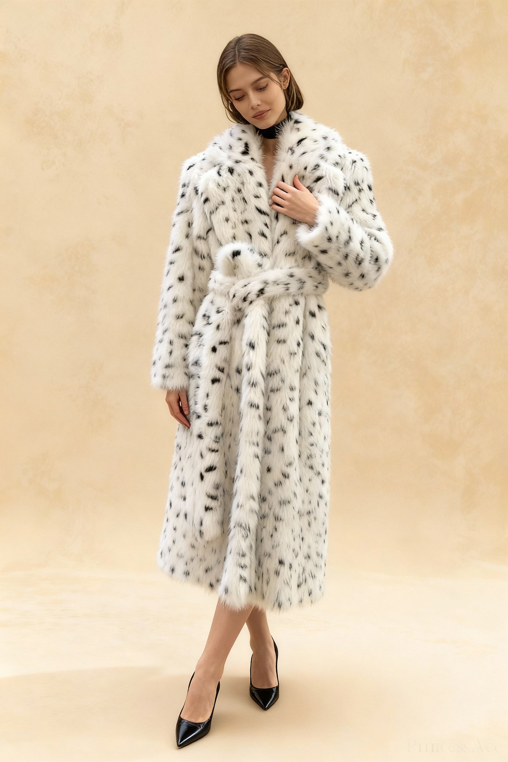 Leopard Print Warm Faux Fox Fur Notched Collar Loose Overcoat