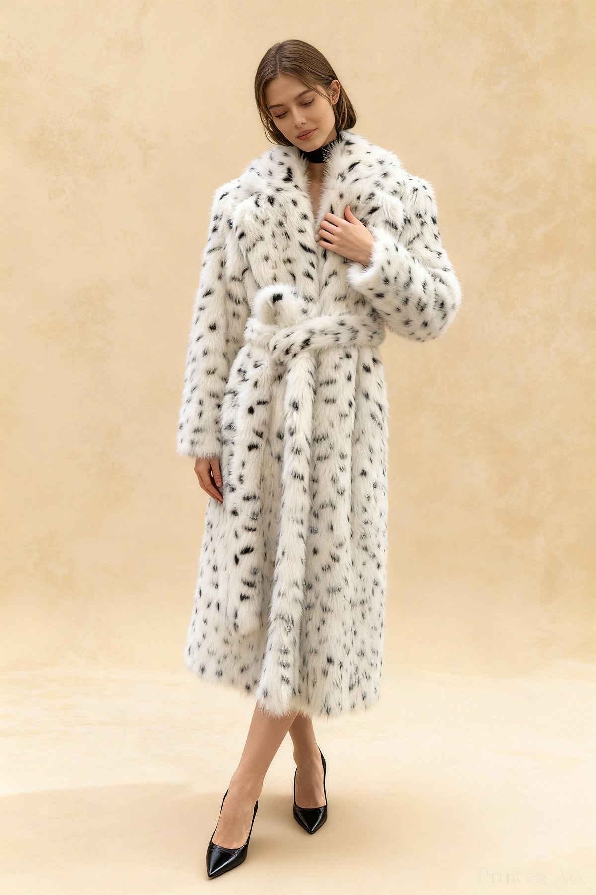 Animal Print Faux Fur Shawl Collar Belted Longline Coat 3