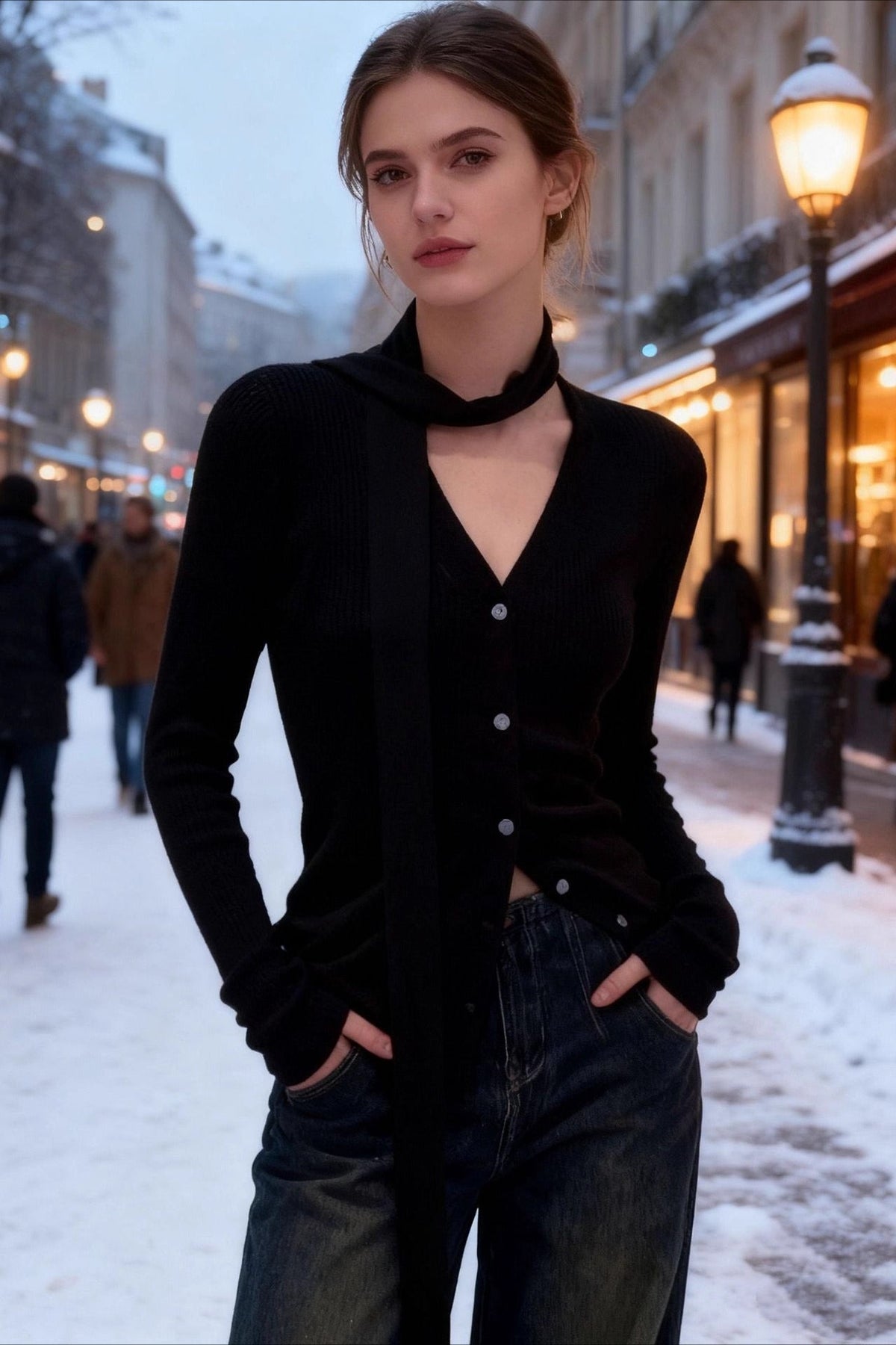 V-Neck Long Sleeve Ribbed Knit Button Front Cardigan with Scarf 3