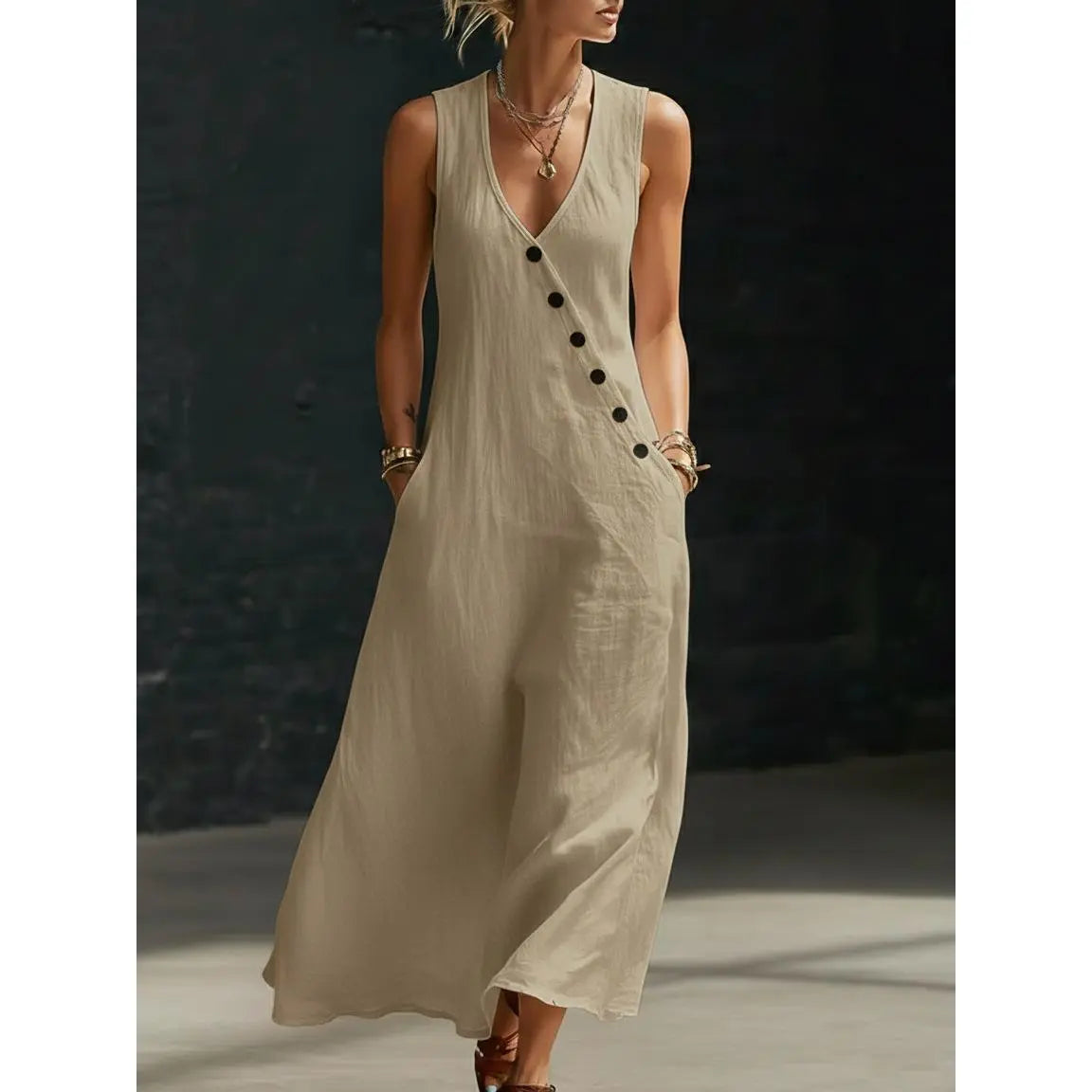 V-Neck Sleeveless Button Front Pocket Maxi Dress 2