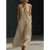 V-Neck Sleeveless Button Front Pocket Maxi Dress 2