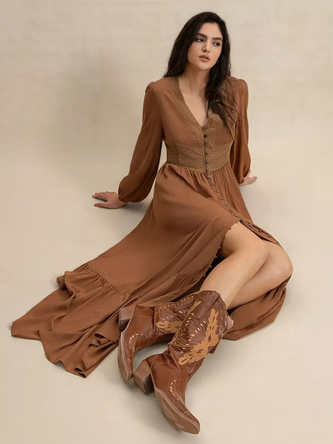 Lace Trim V-Neck Long Sleeve Button Front Tiered Maxi Dress 7