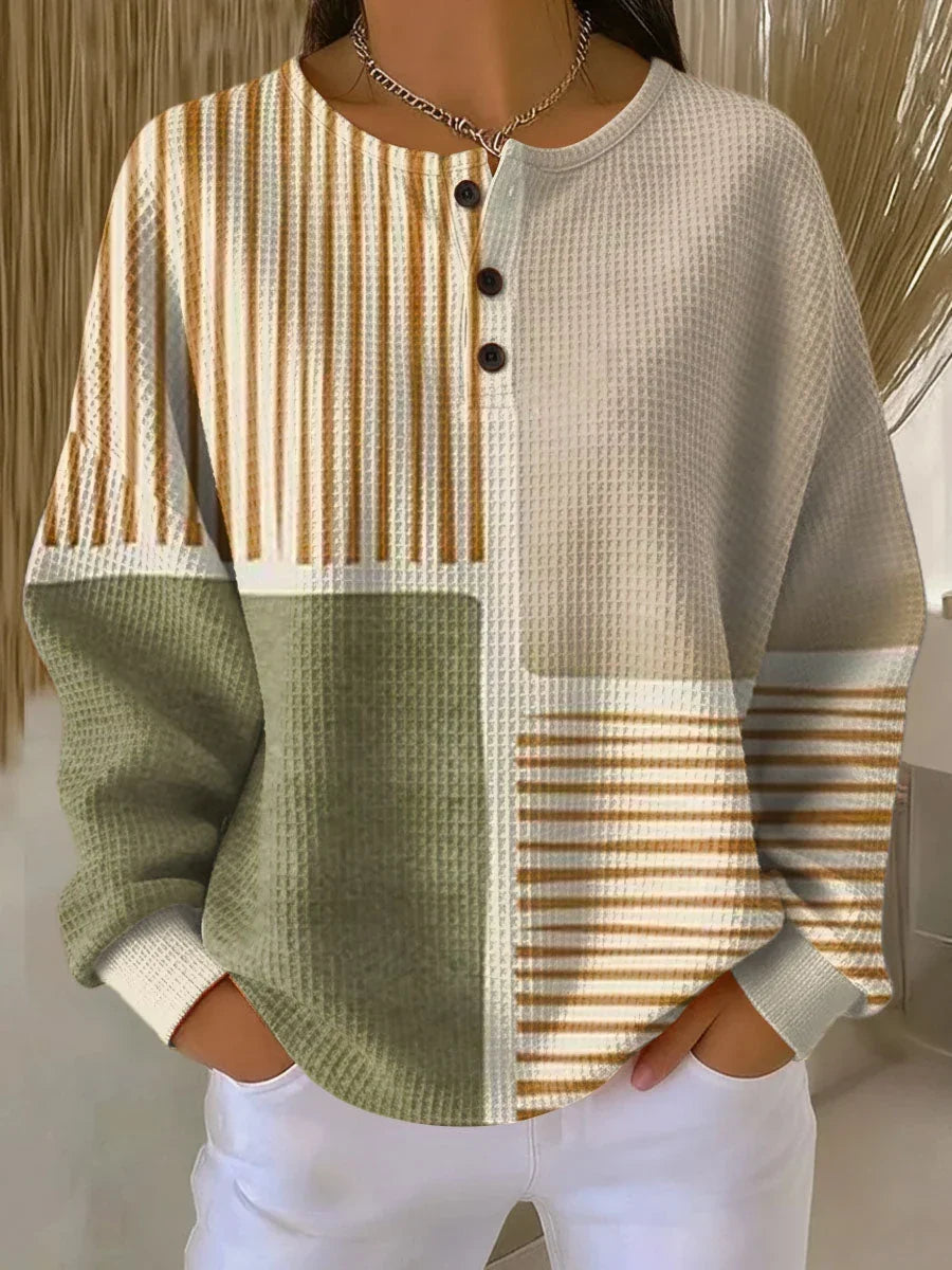 Maple Leaf Print Waffle Knit Button Henley Sweatshirt