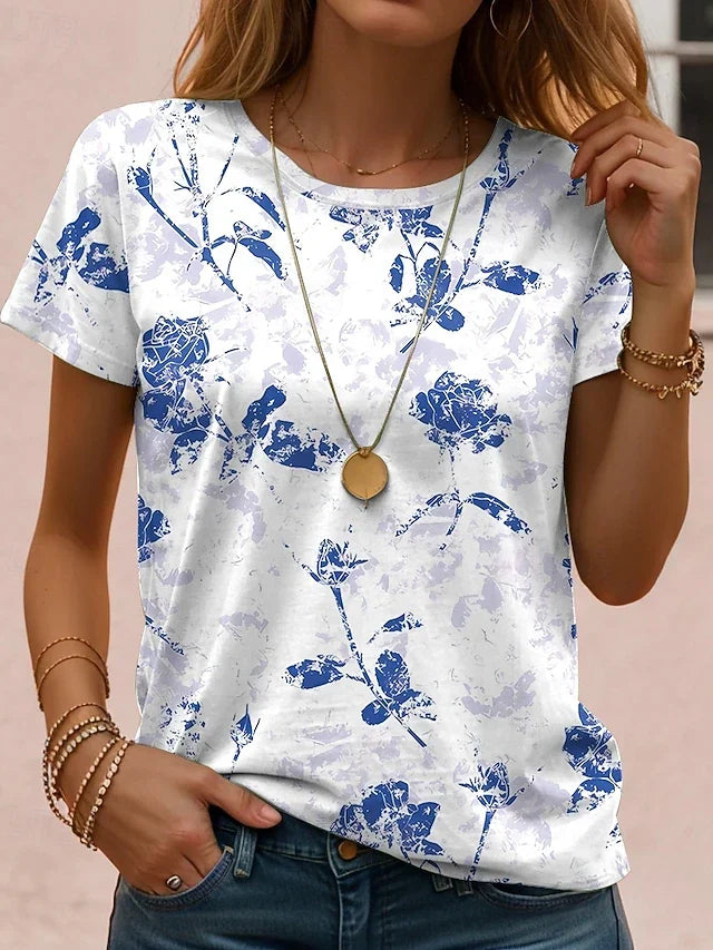 Floral Print Round Neck Short Sleeve Top