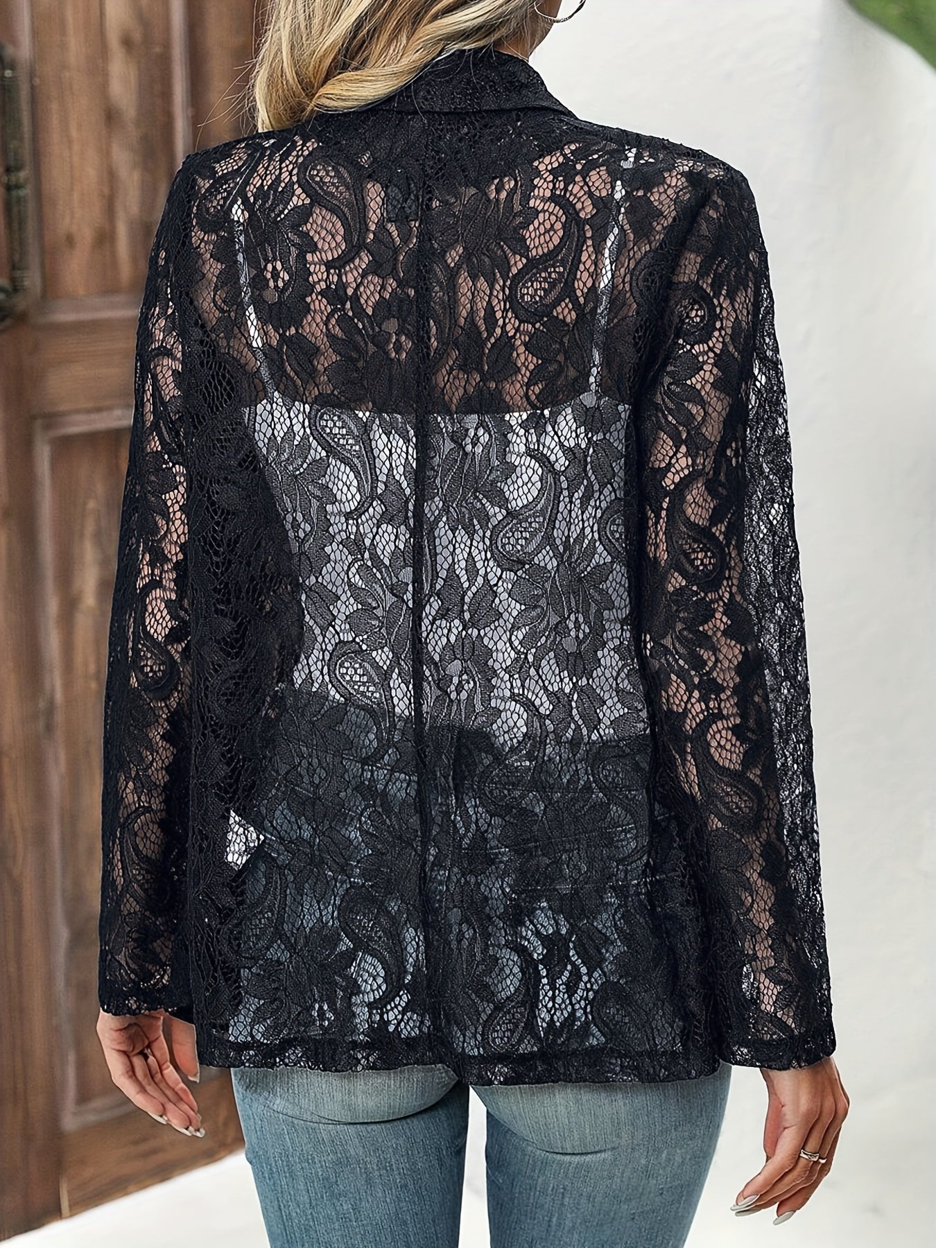 Elegant Open Front Floral Lace Lapel Blazer