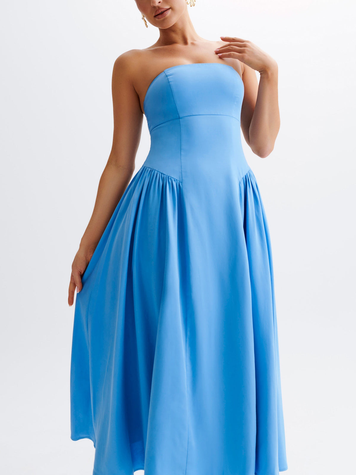 Strapless Drop Waist Gathered Fit and Flare Midi Dress 4