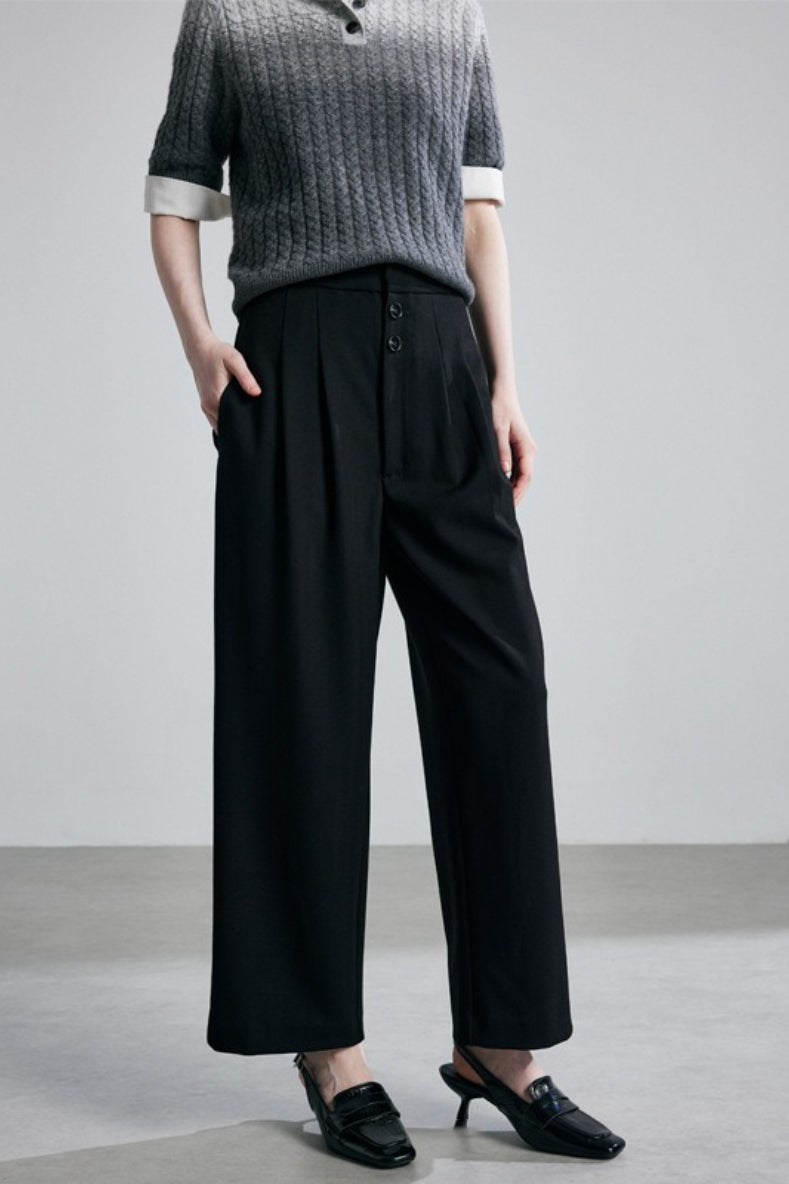 High Waist Pleated Button Fly Cropped Wide Leg Trousers 4