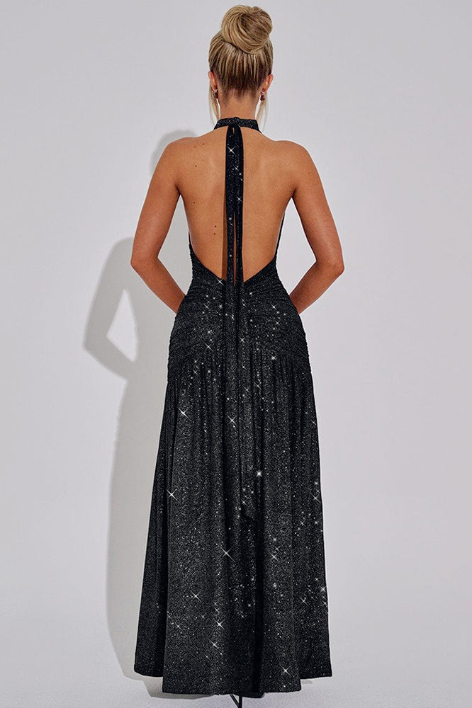 Glitter Halter Neck Plunge Ruched High Split Maxi Dress