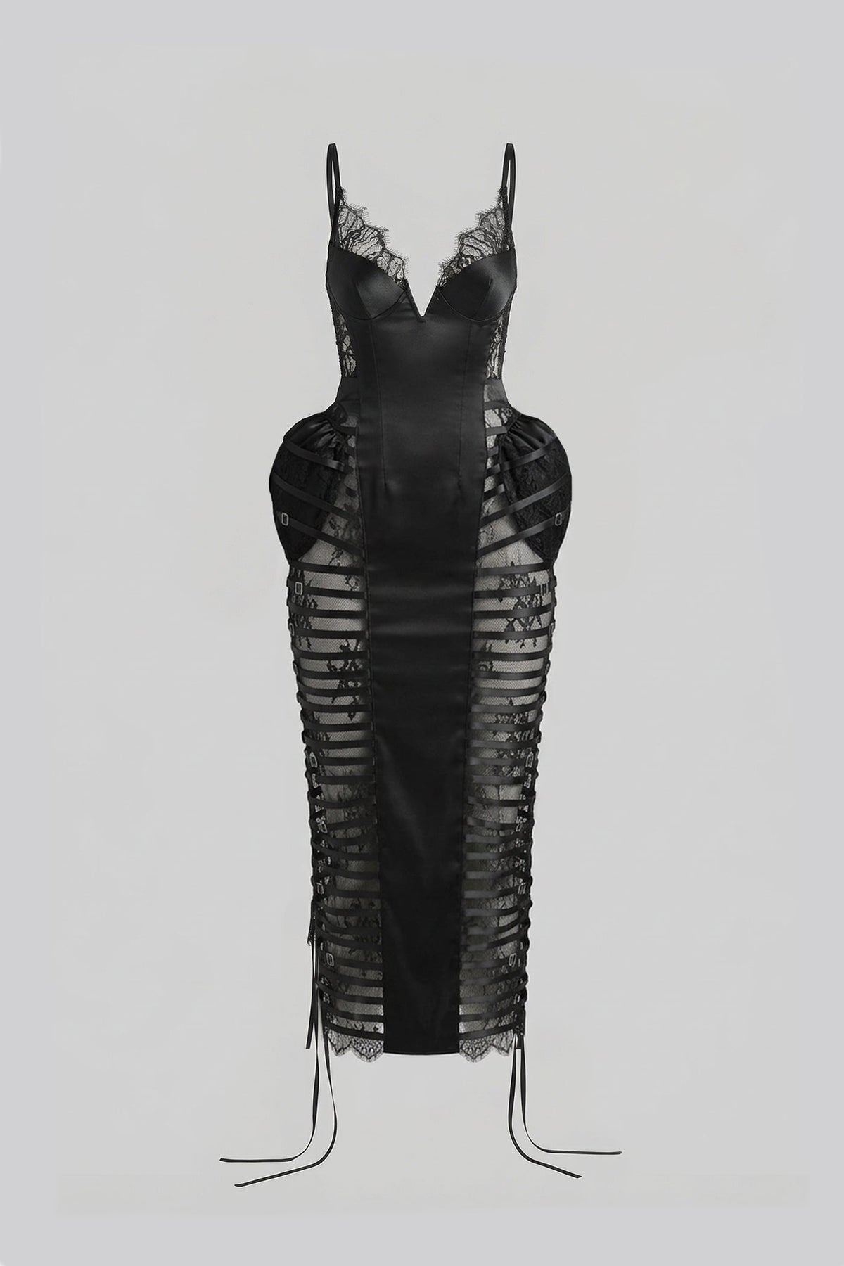 Lace Trim V-Neck Satin Sequin Sheer Side Panel Bodycon Midi Dress 2