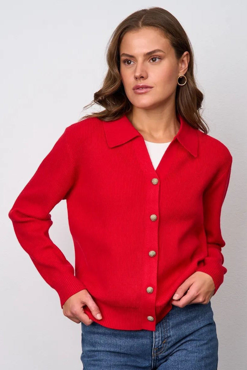 Collared V-Neck Long Sleeve Ribbed Knit Button Front Cardigan 6