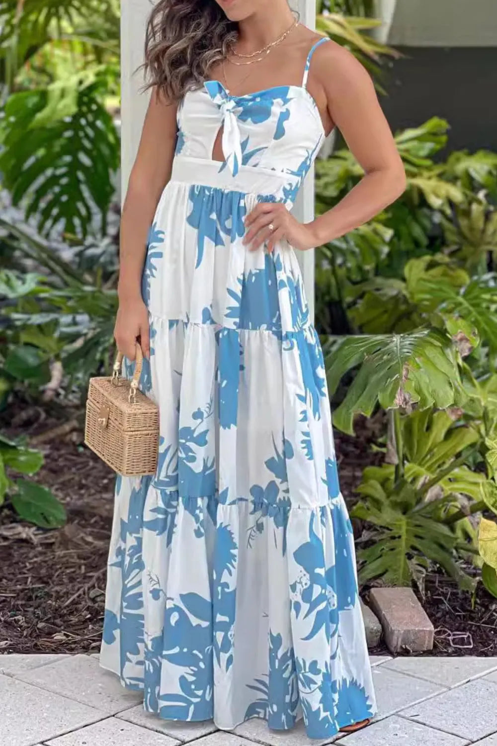 Tropical Leaf Print Tie Front Cut Out Tiered Maxi Dress 4