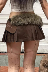 Faux Fur Belted Side Zipper Pleated Skirt