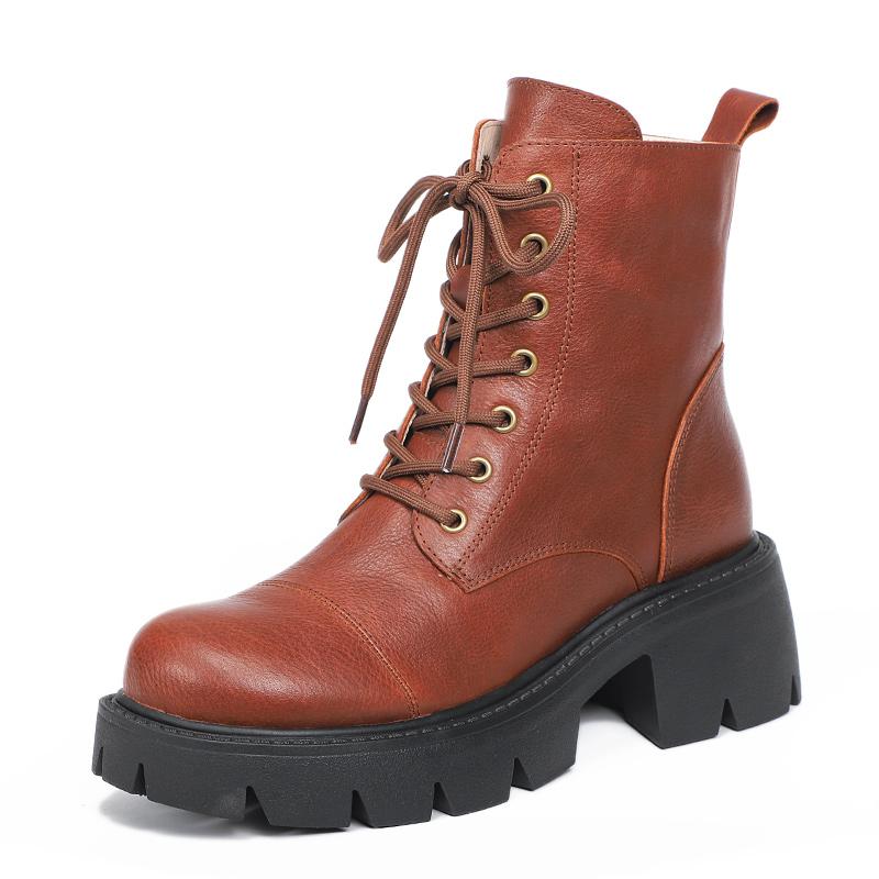 Genuine Leather Boots Lace-Up Combat Boots Retro Chunky Ankle Boots