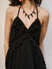 Halter Neck Deep V-Neck Ruffle Tiered Backless Maxi Dress 12