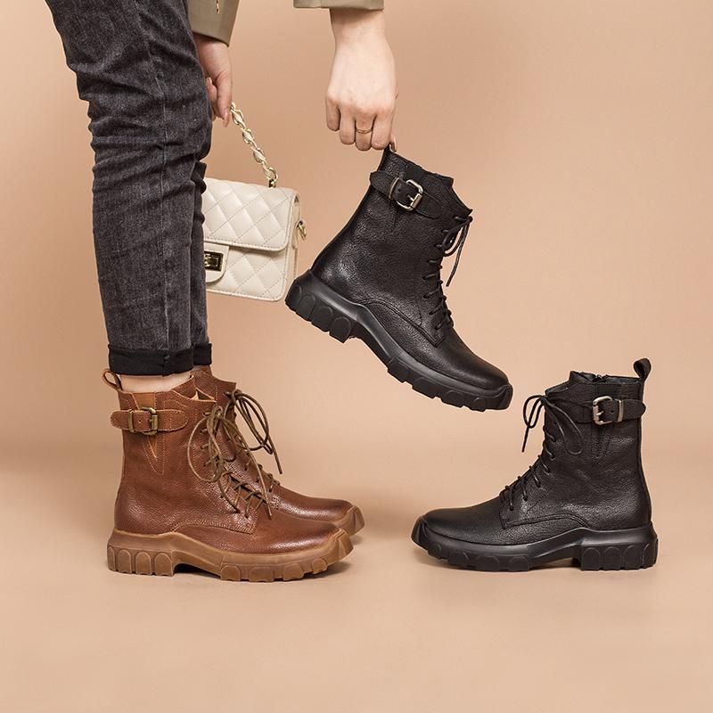 Full grain leather Combat Boots Designer Retro Chunky Riding Boots Side Zip Brown/Black