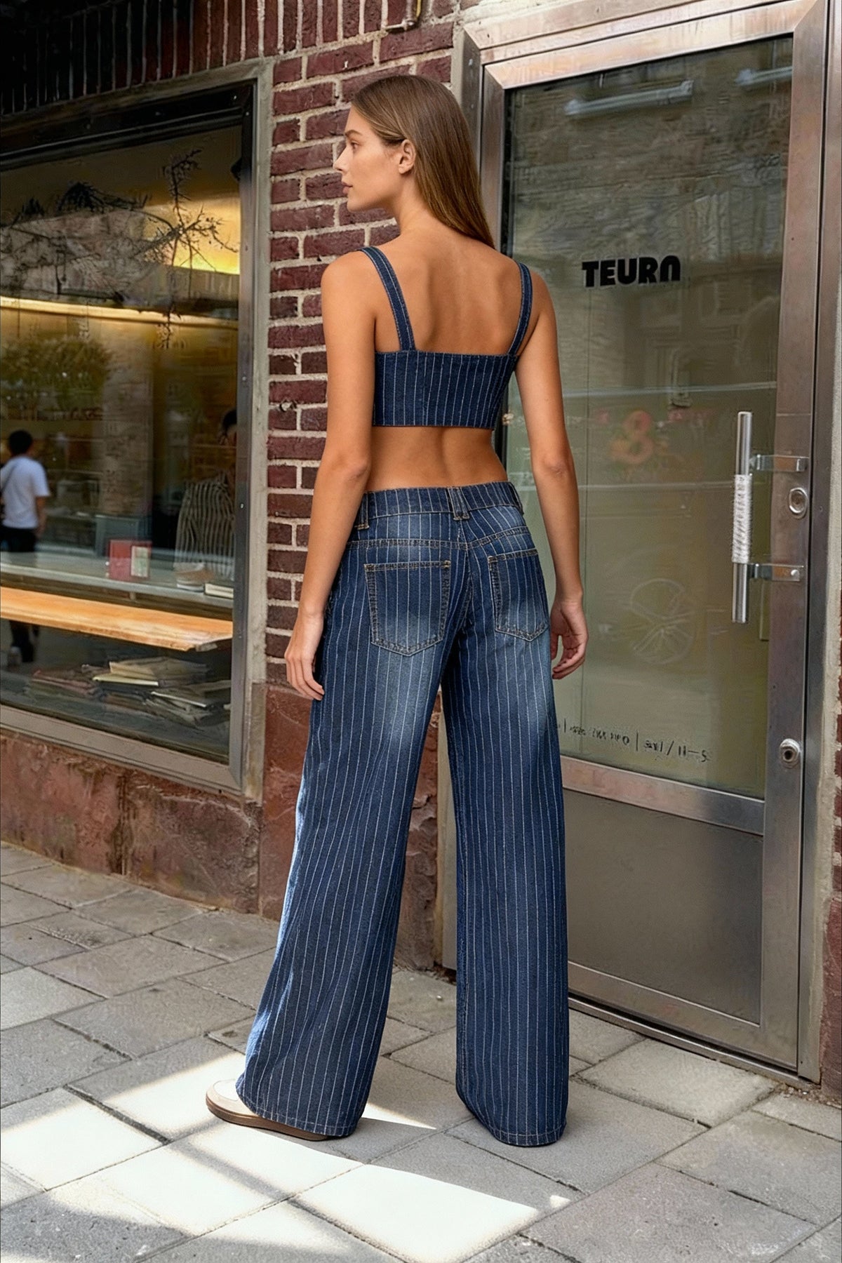 Pinstripe Low Rise Wide Leg Flared Denim Jeans 2