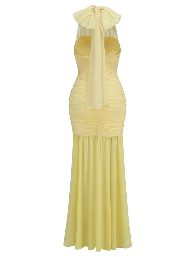 Sheer Mesh Asymmetric Halter Neck Ruched Bodice Mermaid Maxi Dress 18