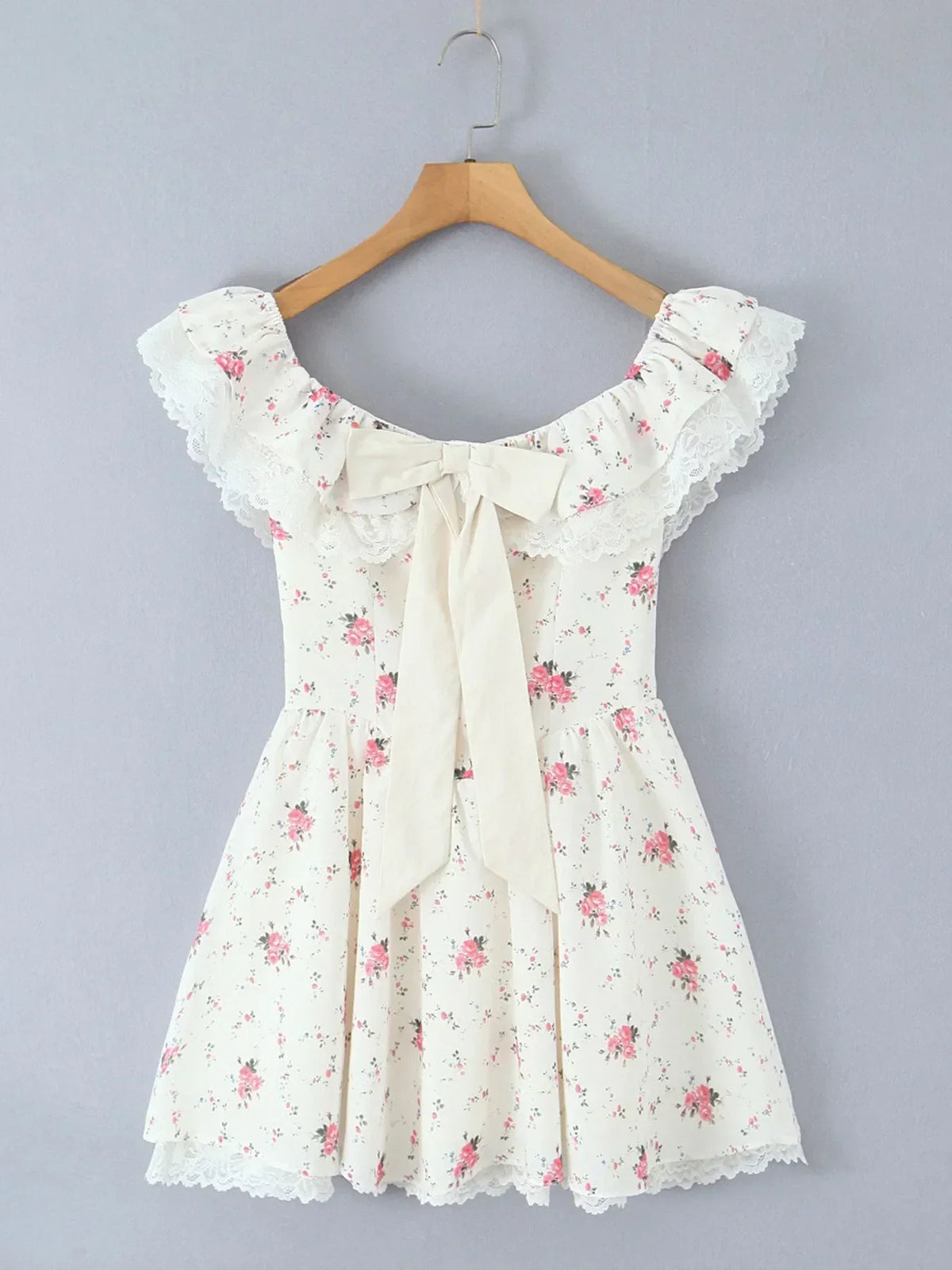 Ditsy Floral Off Shoulder Ruffle Lace Trim Bow Front Mini Dress 5