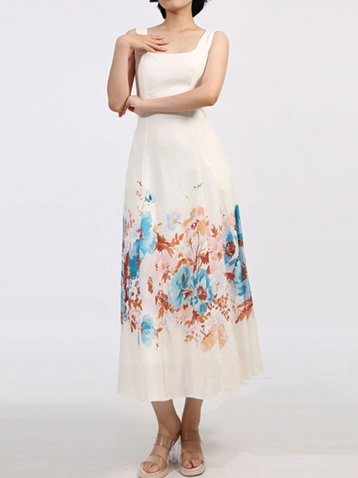 Floral Border Print Square Neck Sleeveless A-Line Midi Dress with Pockets 6
