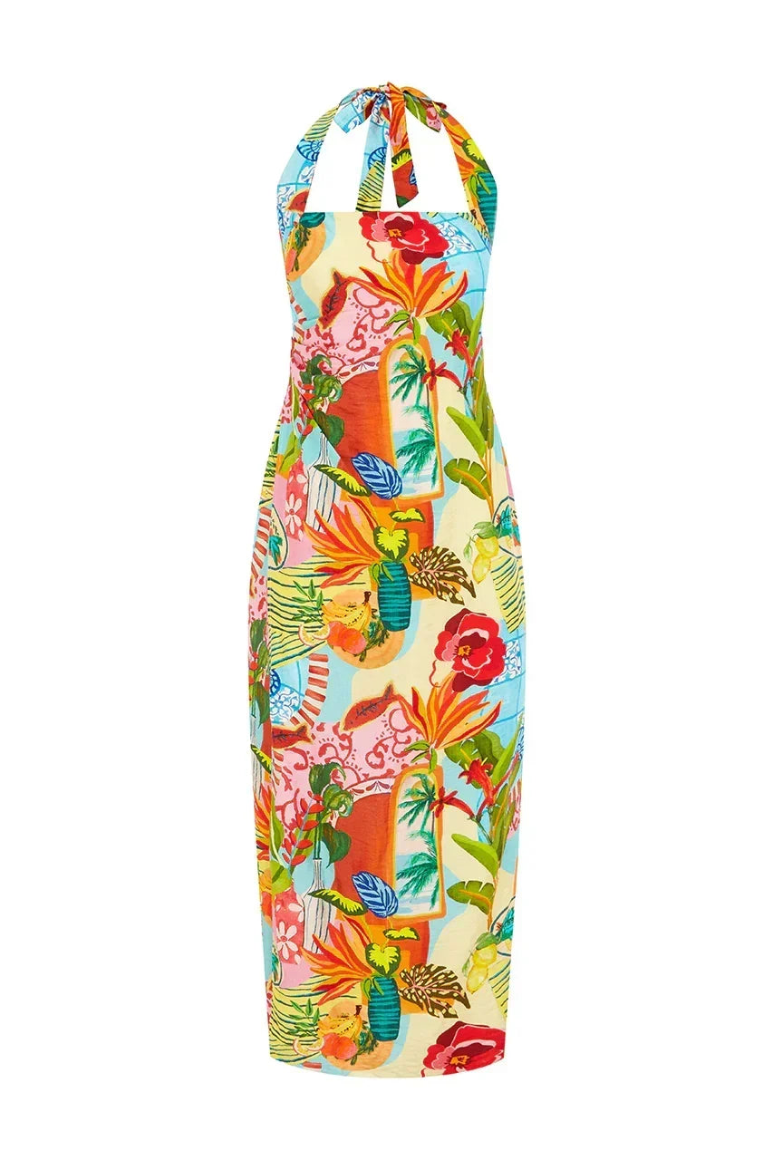 Tropical Print Halter Neck Square Neck High Split Midi Dress 6