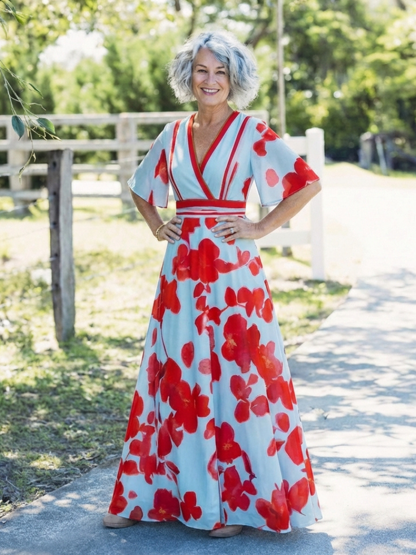 V-Neck Flutter Sleeve Floral Maxi Dress
