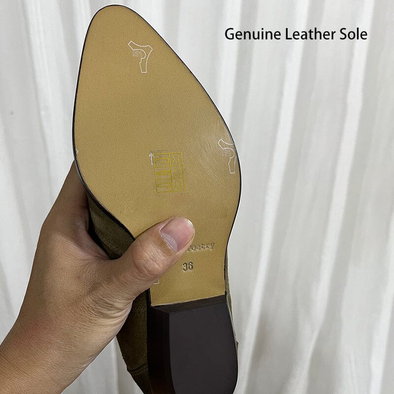 Womens Western Suede Knee High Boots Block Heel - Khaki/Black Cowgirl Boots All Genuine Leather