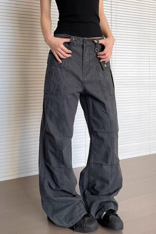 High Waist Snap Flap Pocket Seamed Flare Leg Cargo Pants 3