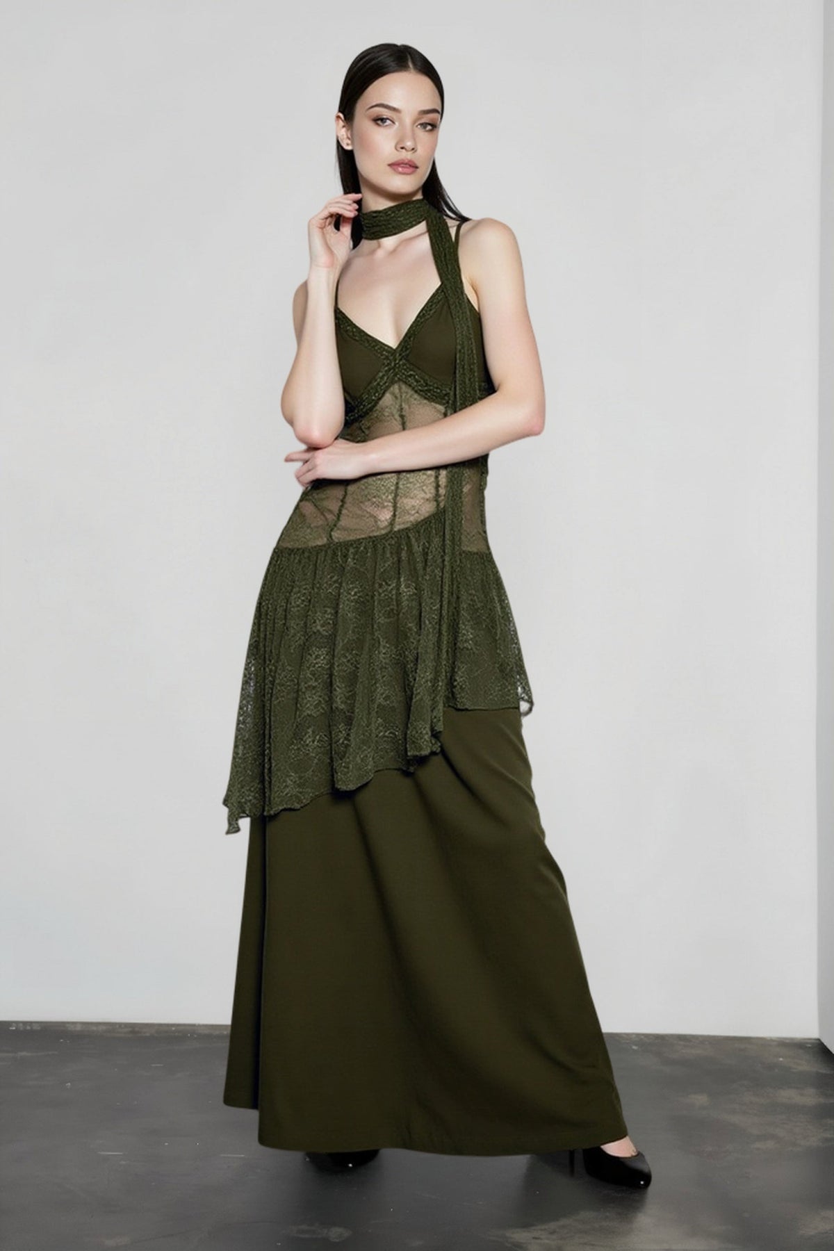 Sheer Lace Peplum Cami Maxi Dress with Matching Scarf