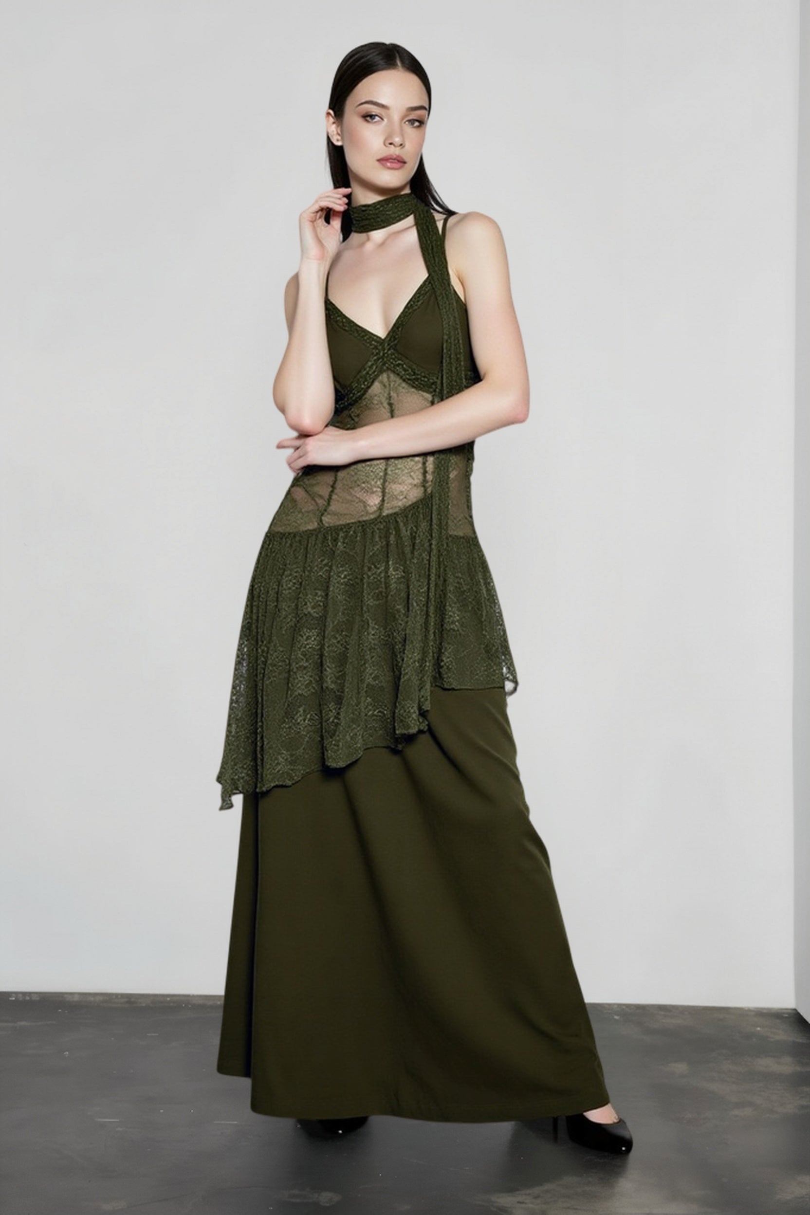 Lace Sheer Mesh Maxi Dress