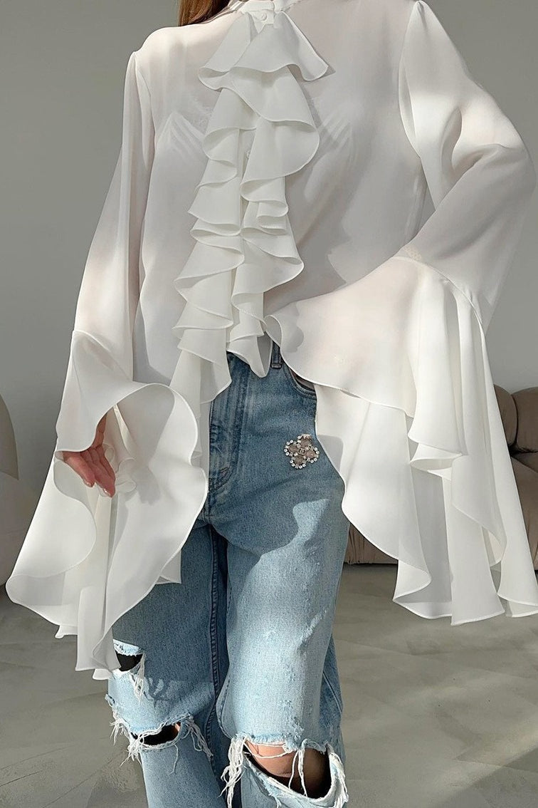 Cascading Ruffle Front High Neck Flared Bell Sleeve Blouse