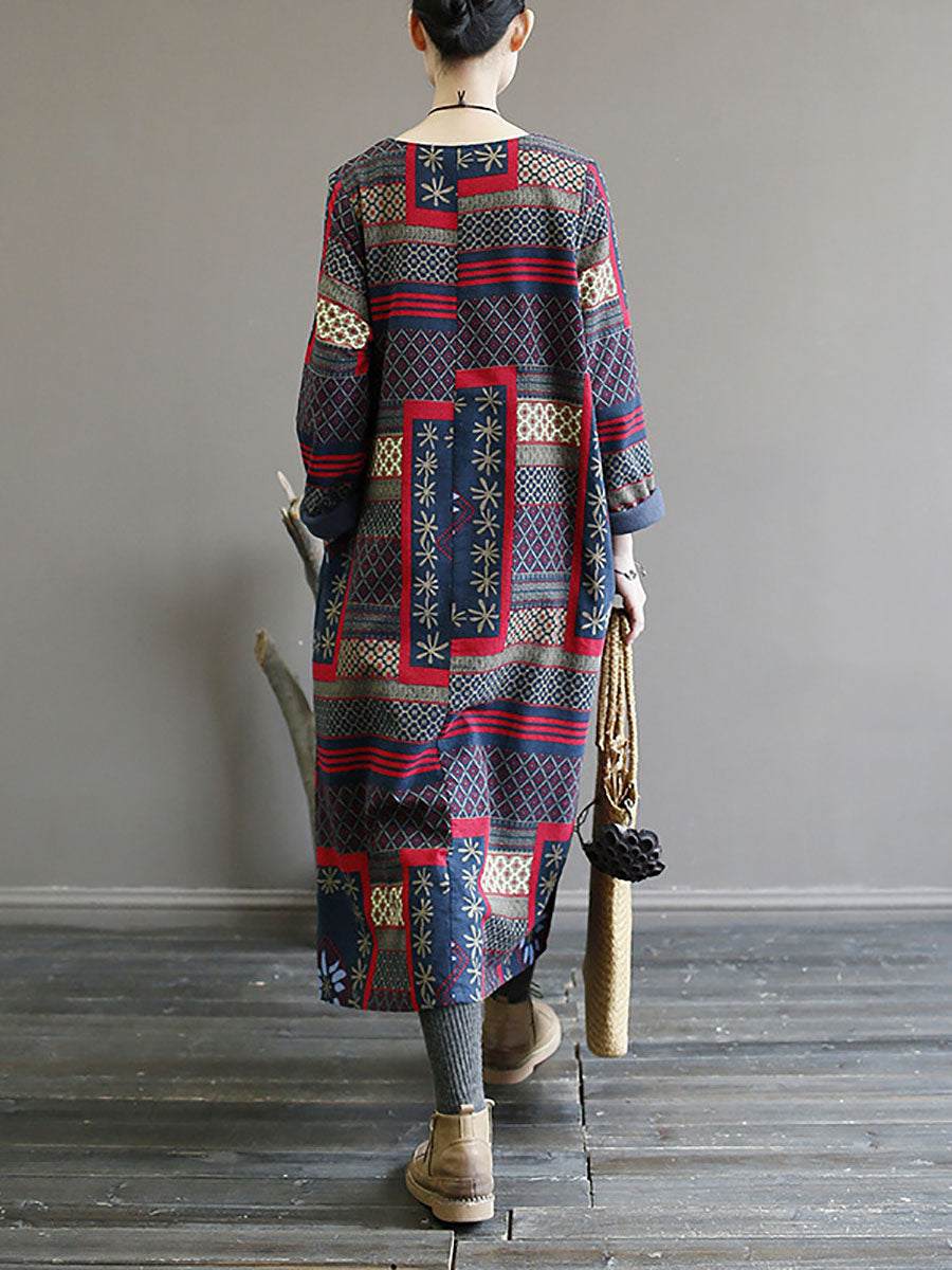 Folk Patchwork Print Long Sleeve Contrast Cuff Crew Neck Maxi Dress