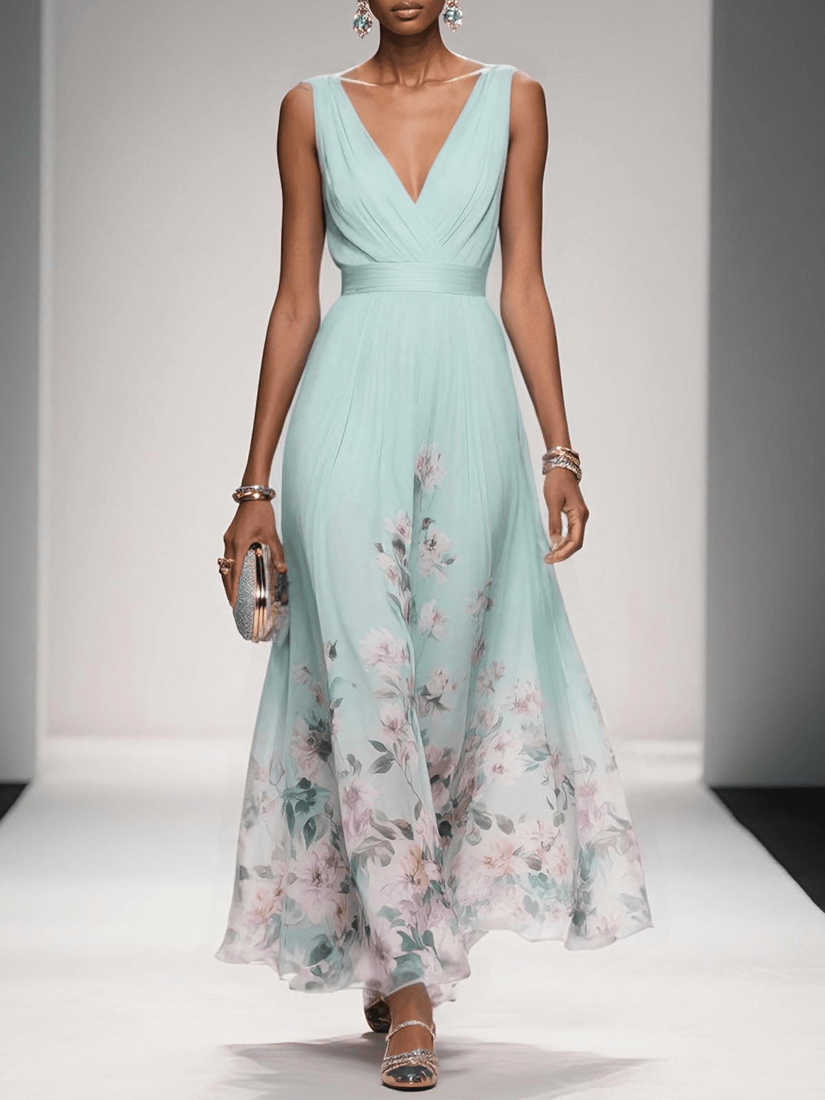 Floral Chiffon Deep V-Neck Sleeveless Pleated Maxi Dress 4