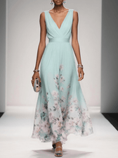 Floral Chiffon Deep V-Neck Sleeveless Pleated Maxi Dress 4