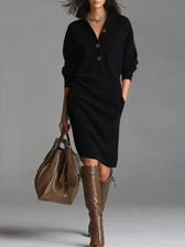 Collared Button Long Sleeve Knit Sweater Midi Dress 4