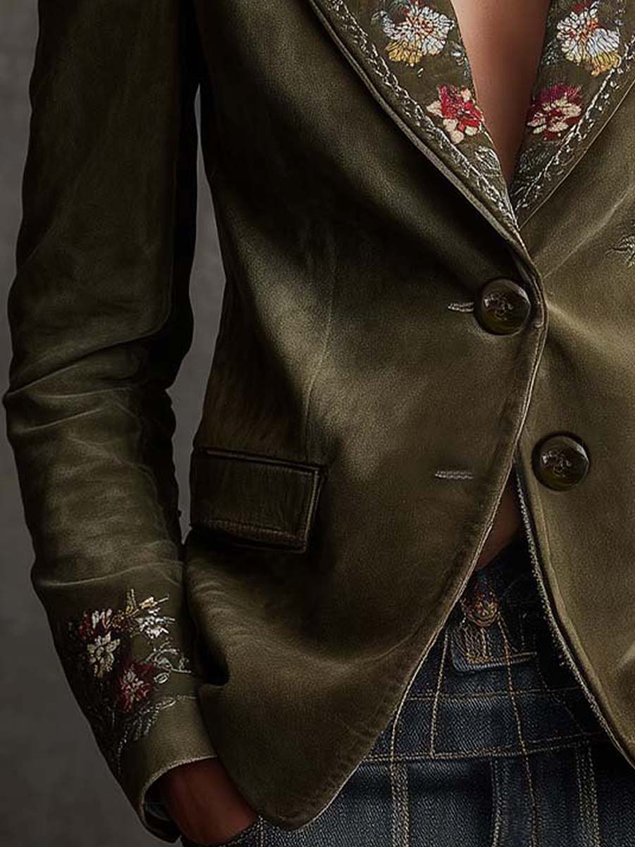 Embroidered Floral Velvet Single Button Blazer