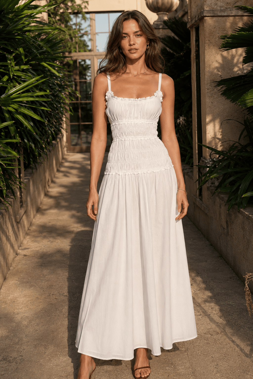 Solid Cotton Ruched Long Sleeveless Slip Dress