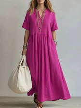 V-Neck Short Sleeve Pintuck A-Line Maxi Dress