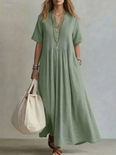 V-Neck Short Sleeve Pintuck A-Line Maxi Dress 2