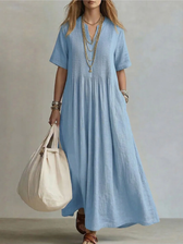 V-Neck Short Sleeve Pintuck A-Line Maxi Dress 3