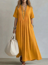 V-Neck Short Sleeve Pintuck A-Line Maxi Dress 4