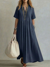 V-Neck Short Sleeve Pintuck A-Line Maxi Dress 5