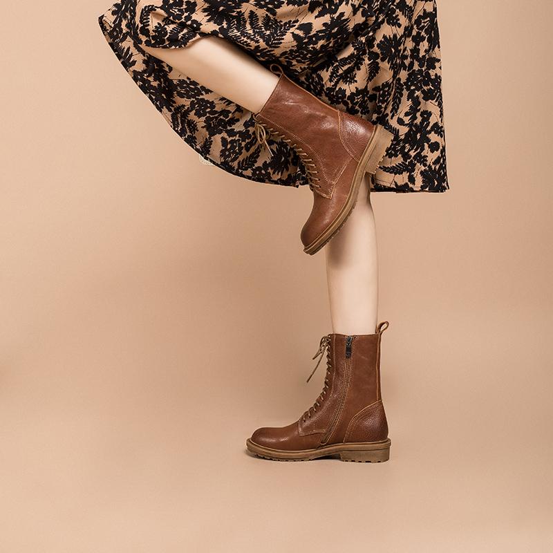 Full grain leather Combat Boots Designer Retro Chunky Buckle Boots Side Zip Brown/Black