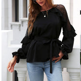 Front Lace Arm Flounce Cap Tie Blouse Black / S
