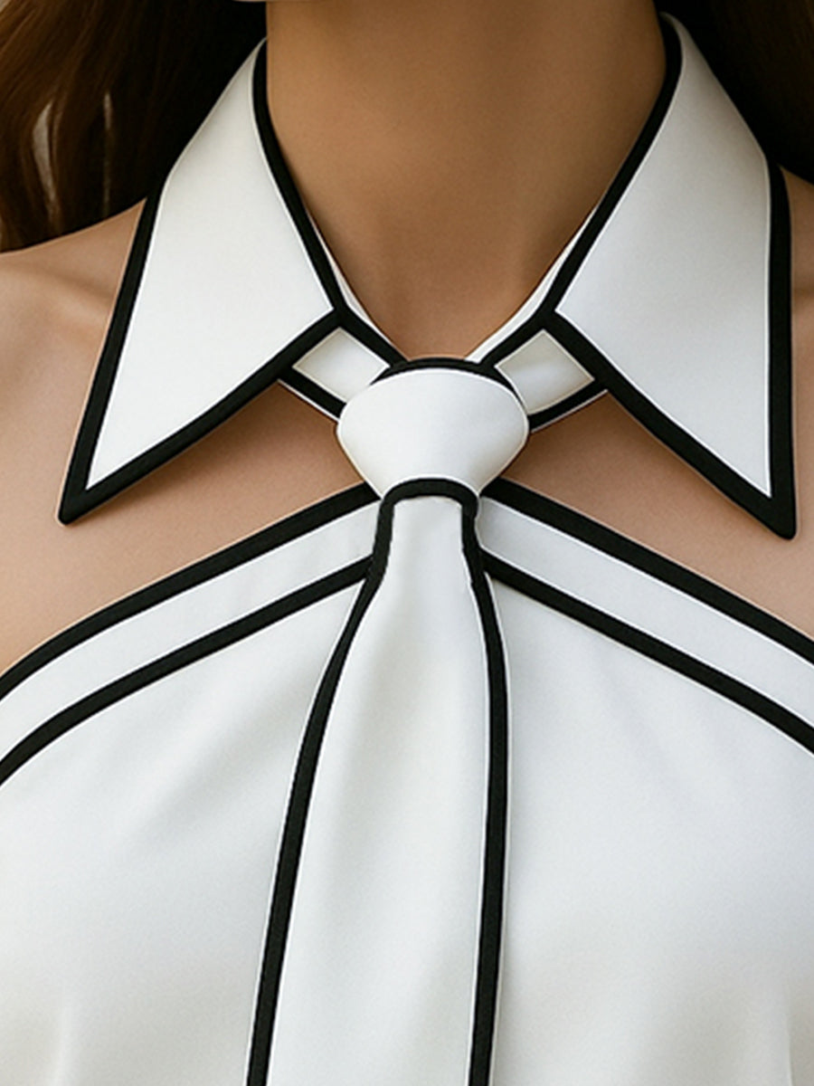 Collared Halter Neck Contrast Trim Tie Top