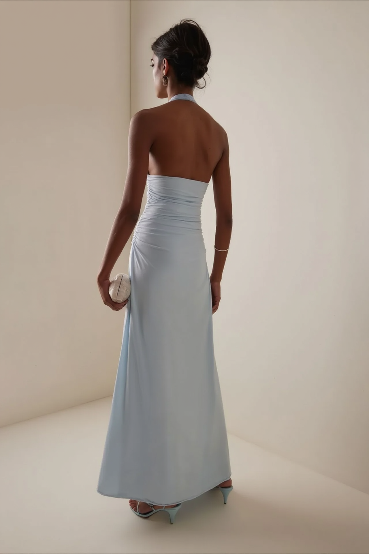 Elegant Blue Halter Deep V Backless Slit 3D Floral Party Dress