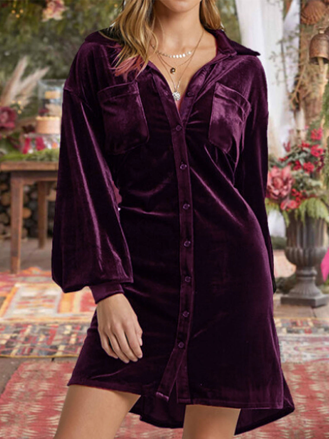 Collared Neck Button Down Long Sleeve Mini Dress Plum Purple