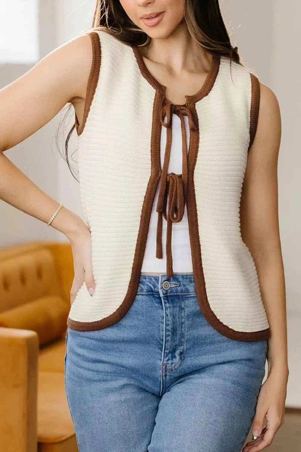 Contrast Trim Tie-Front Sweater Vest