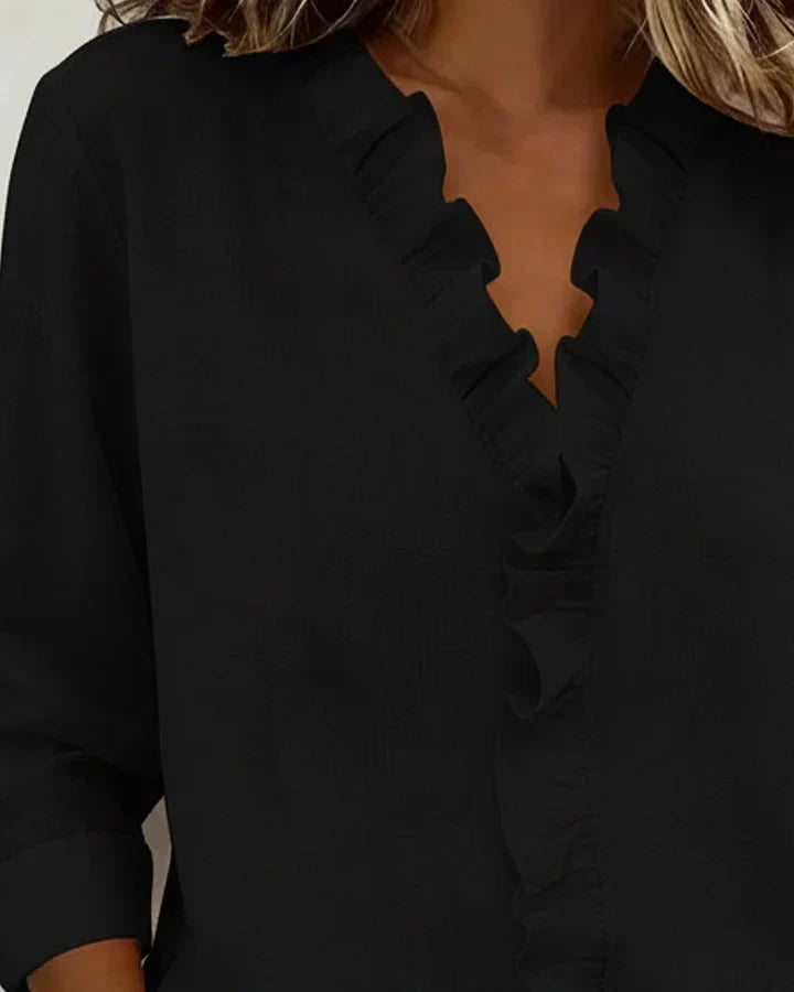 Ruffle Placket V-Neck Long Sleeve Blouse