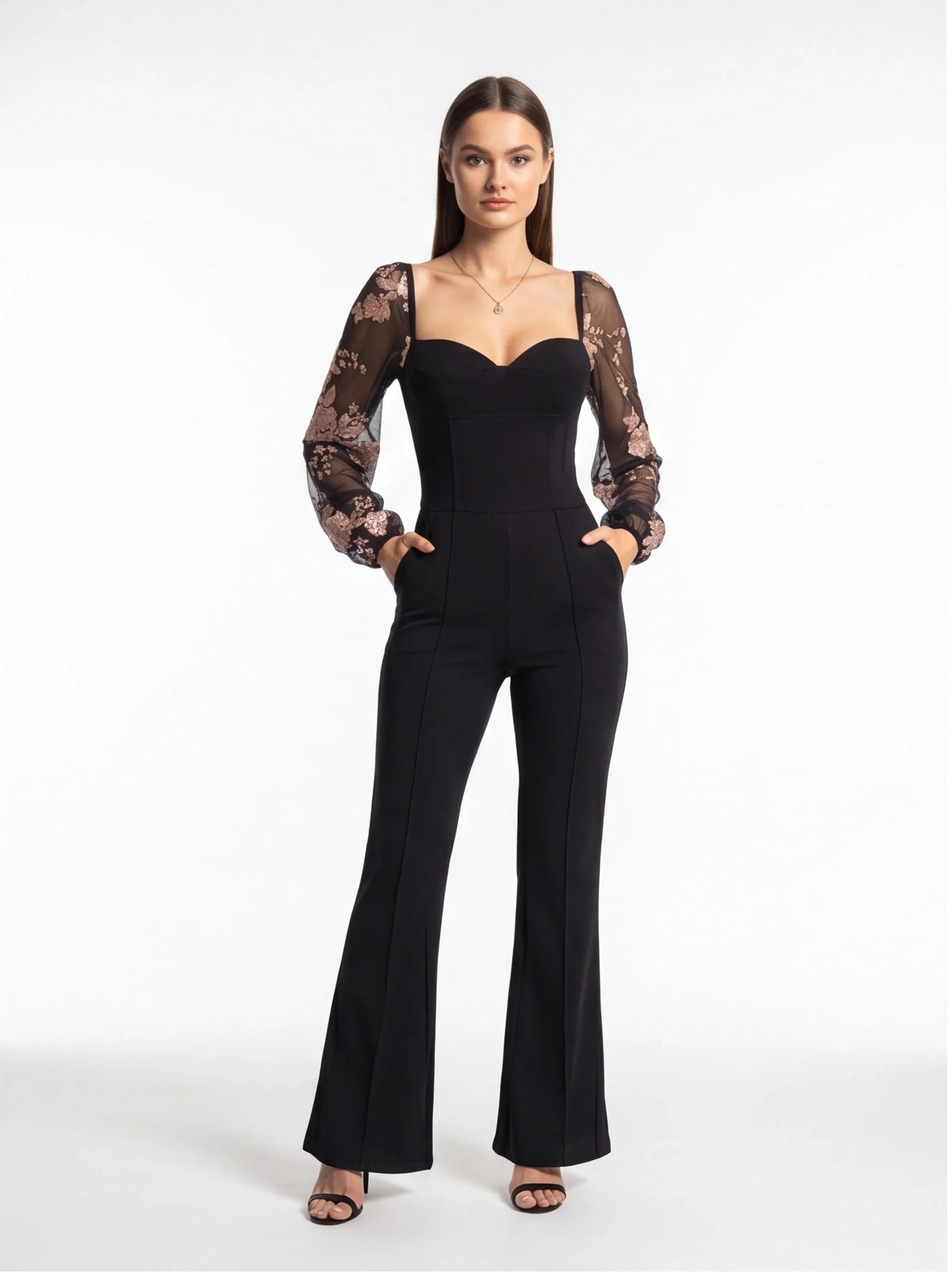 Elegant Flared Jumpsuit with Pockets and Adjustable Straps - Jamota