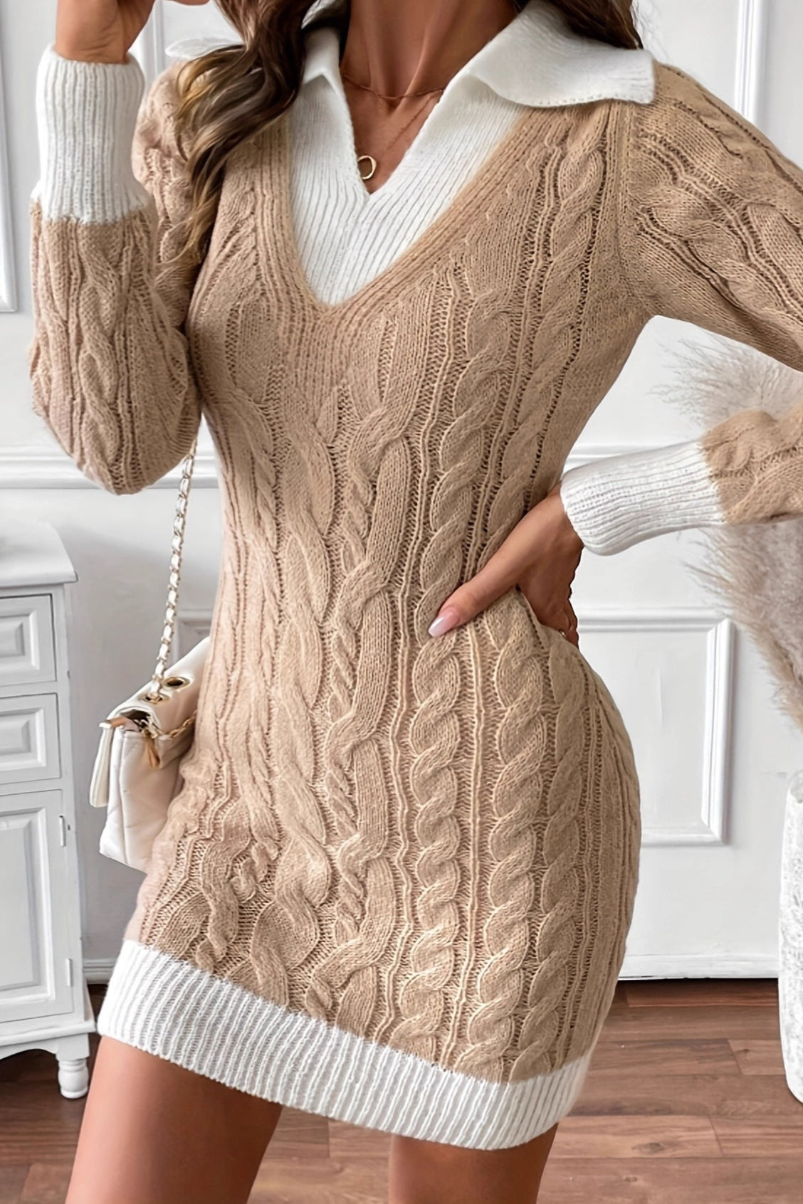 Cable Knit Collared V-Neck Long Sleeve Contrast Trim Bodycon Mini Sweater Dress 2